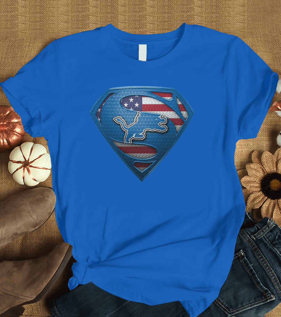 Spm Detroit Lions Superman Shield American Flag T-Shirt