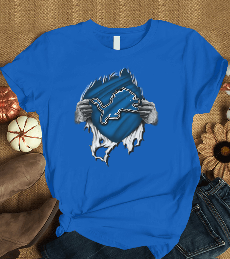 Torn DETROIT LIONS Logo Revealed Through Ripped Blue Fabric T-Shirt