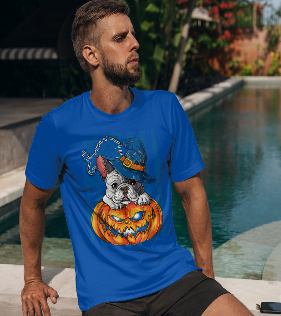 Hlw Bulldog DETROIT LIONS Halloween Bulldog Pumpkin Pajama Football Fan Gift T-Shirt