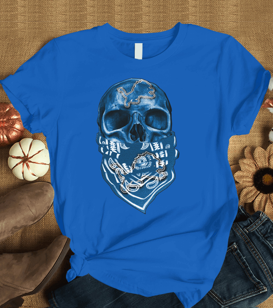 Detroit Lions Skull Bandana Blue T-Shirt