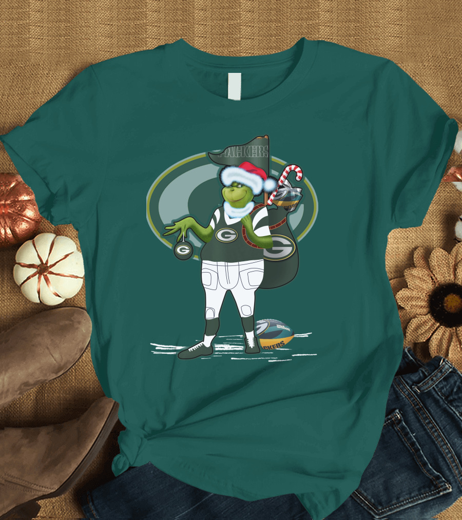 Grinch Green Bay Packers Christmas Santa Hat Football Candy Cane T-Shirt