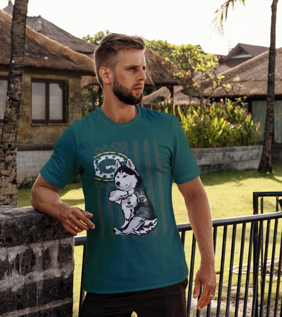 Siberian Husky Green Bay Packers Mom Fan With Heart Tattoo And Team T-Shirt