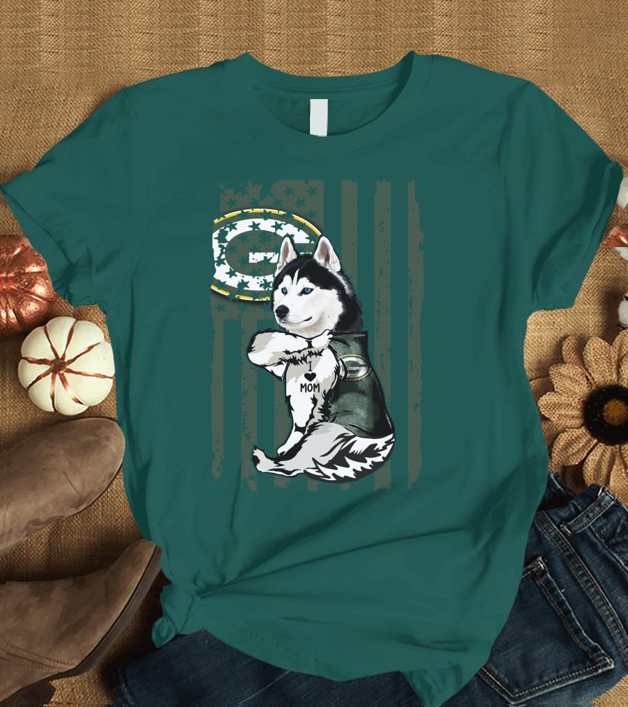 Siberian Husky Green Bay Packers Mom Fan With Heart Tattoo And Team T-Shirt