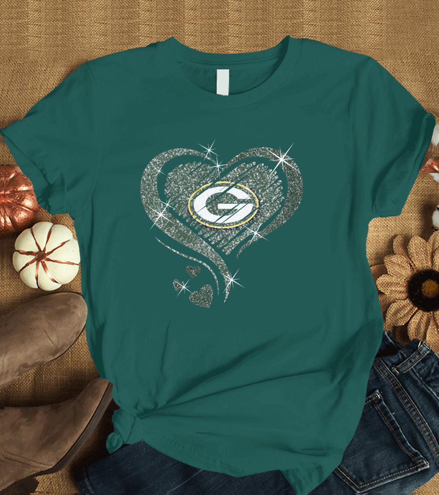 Green Bay Packers Heart Diamond Sparkle T-Shirt