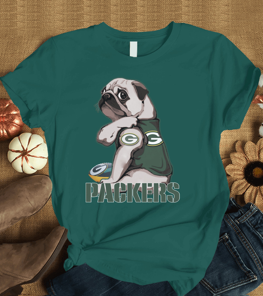 Pug with Green Bay Packers Logo in Team Colors T-Shirt