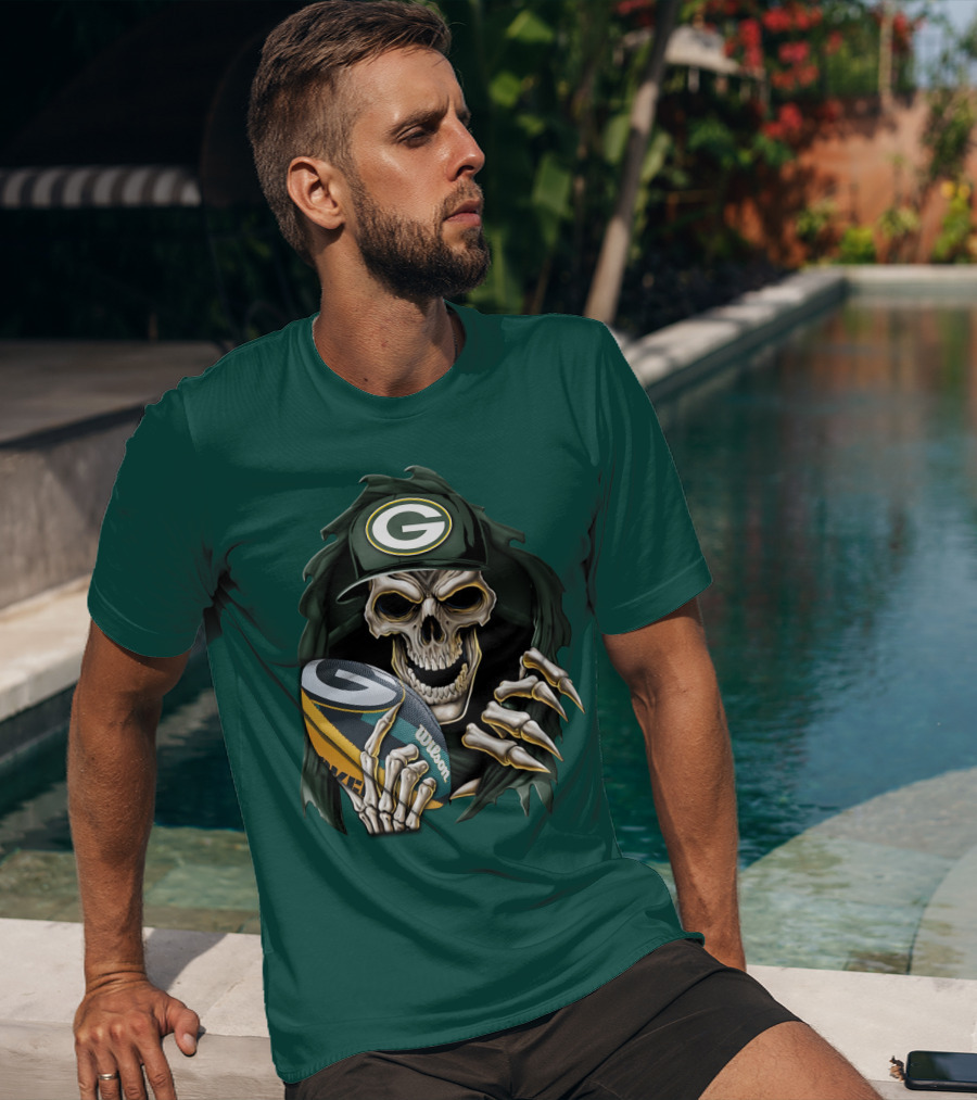 Skull With Green Bay Packers Cap Holding Football On Dark Green T-Shirt