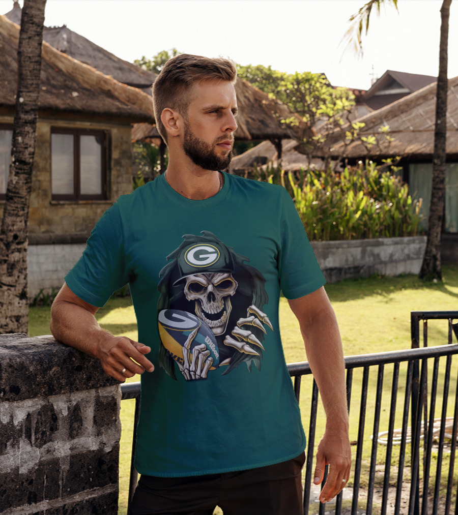Skull With Green Bay Packers Cap Holding Football On Dark Green T-Shirt