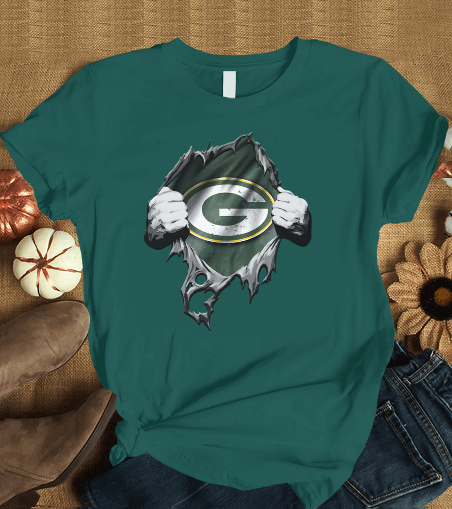 Torn Green Bay Packers Logo with Hands on Green Background T-Shirt