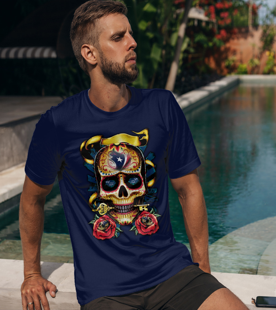 Houston Texans Skull Design With Roses And Key T-Shirt