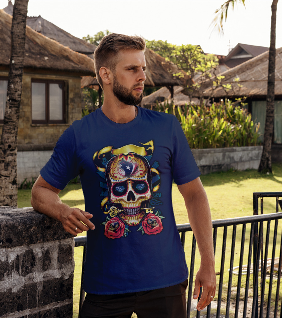 Houston Texans Skull Design With Roses And Key T-Shirt