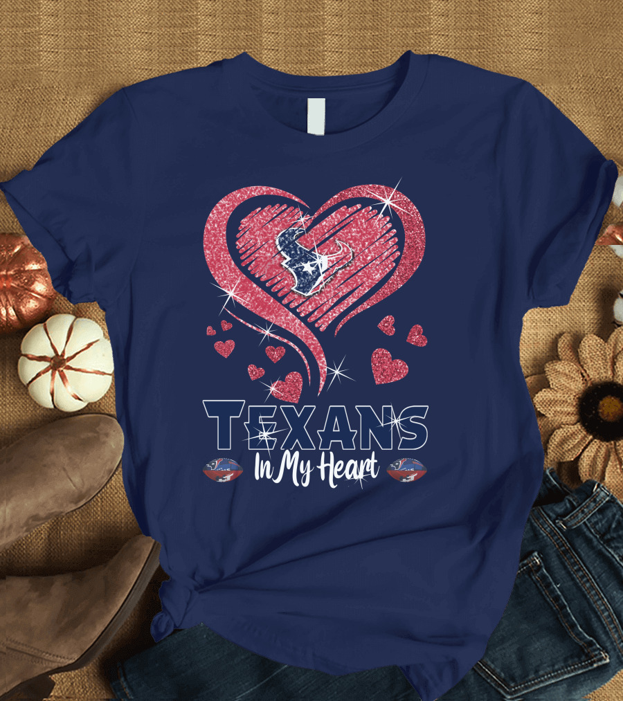 Texans In My Heart Houston Texans Sparkling Logo and Hearts T-Shirt