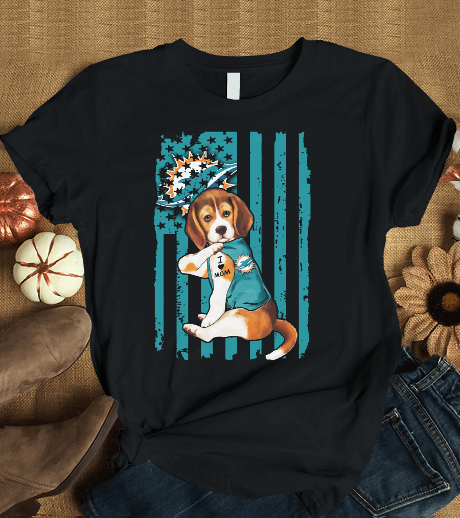 Beagle I Love Mom Miami Dolphins Football Flag T-Shirt