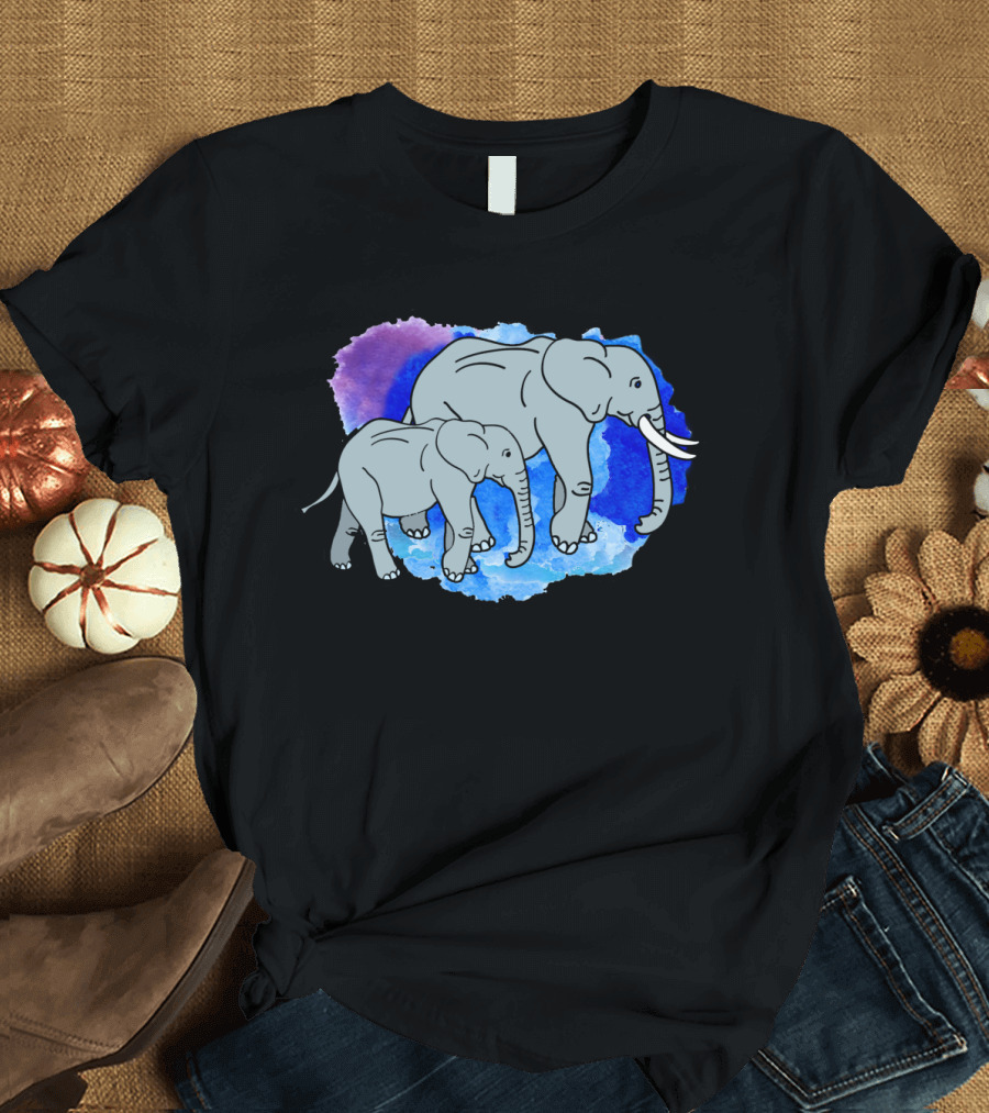 Elephant Mother and Child Watercolor Art with Blue and Purple Background T-Shirt