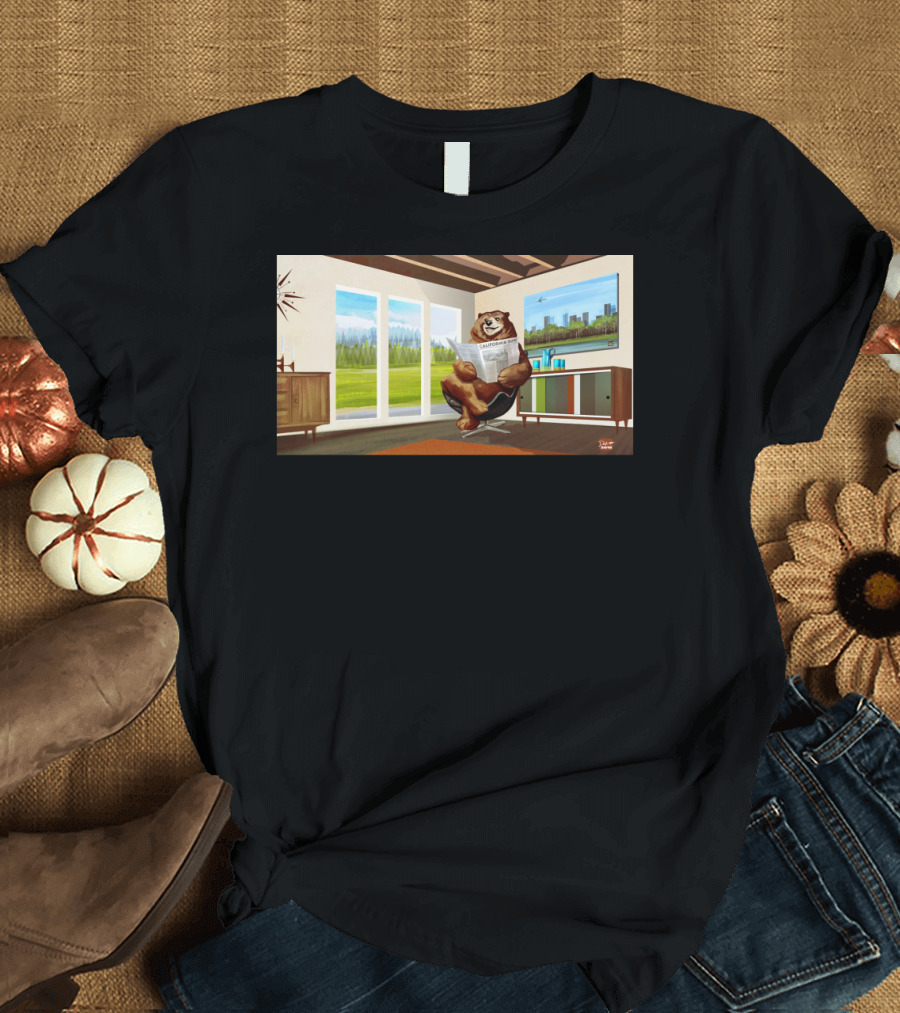 California Modern Bear in Mid-Century Lounge with Skyline Views T-Shirt