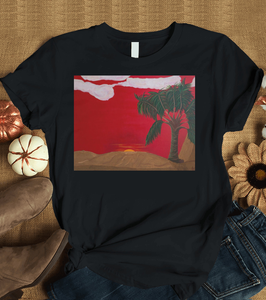 Saharan Sunrise with Palm Tree and Red Sky T-Shirt