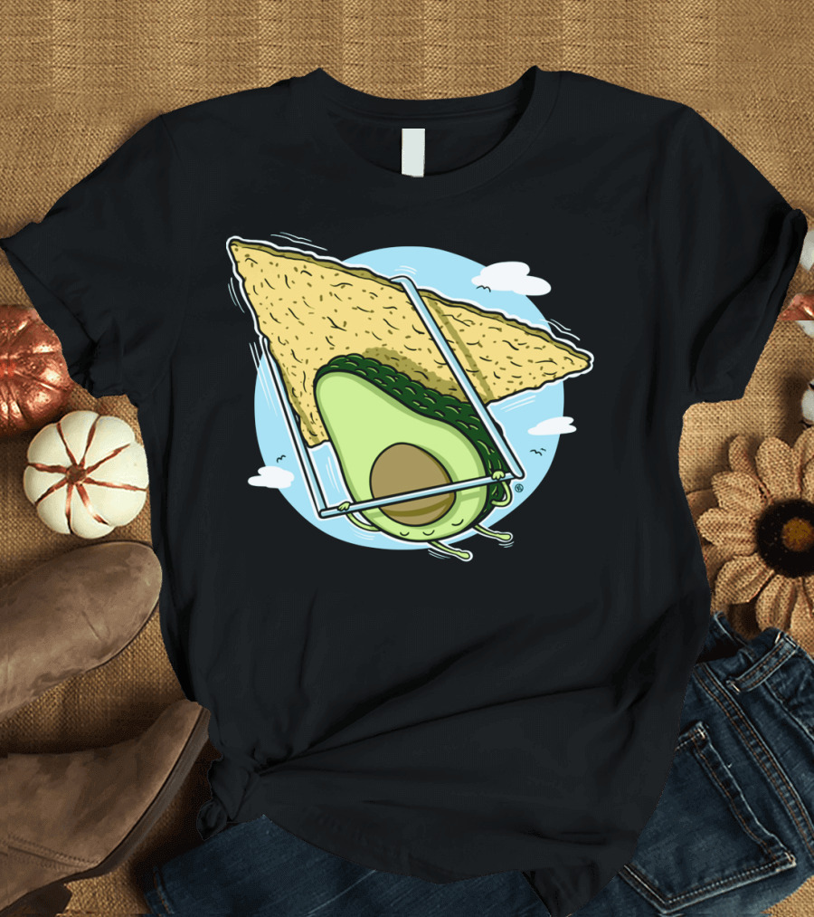Avocado Flying with Tortilla Chip Swing Cartoon T-Shirt