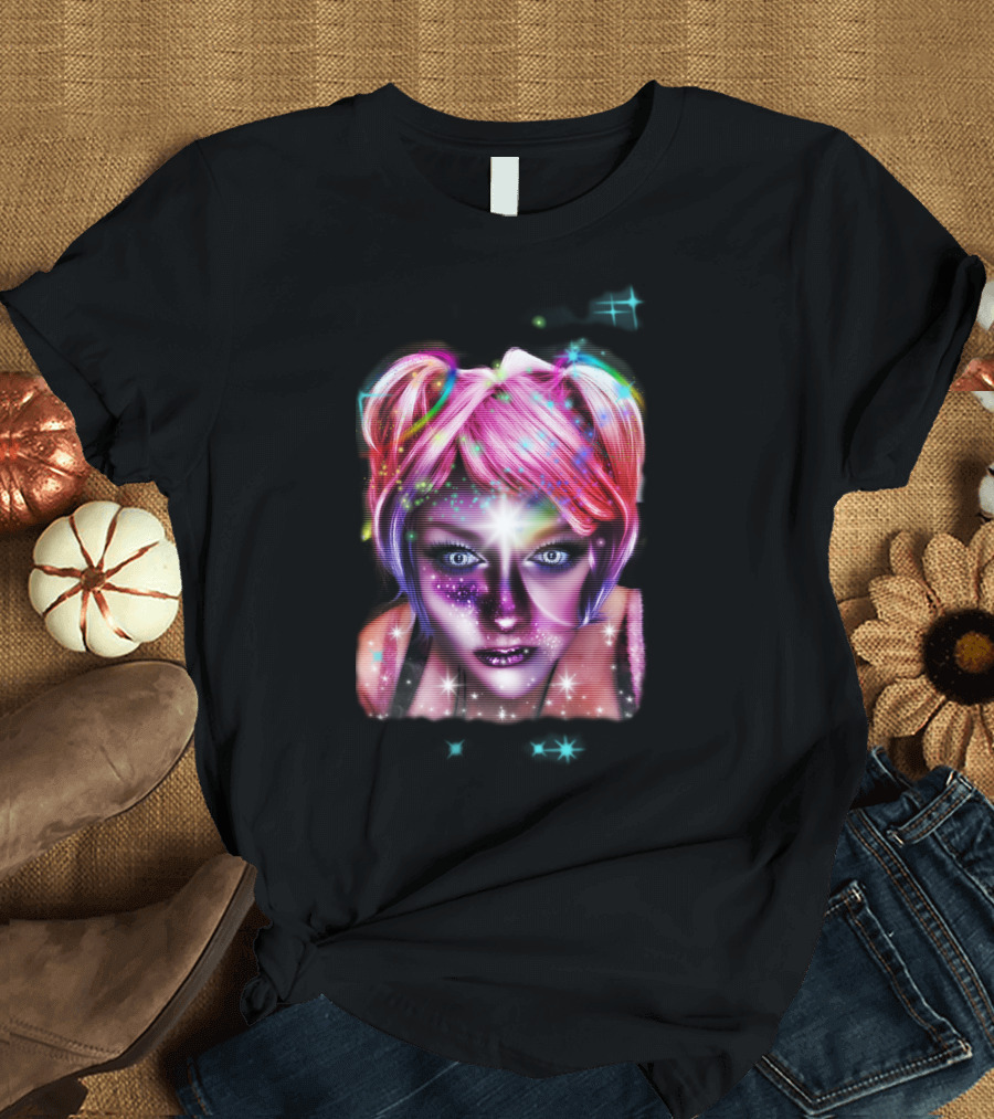 Psychedelic Neon Cosmic Punk Starburst и Model with Pink Hair and Futuristic Makeup T-Shirt