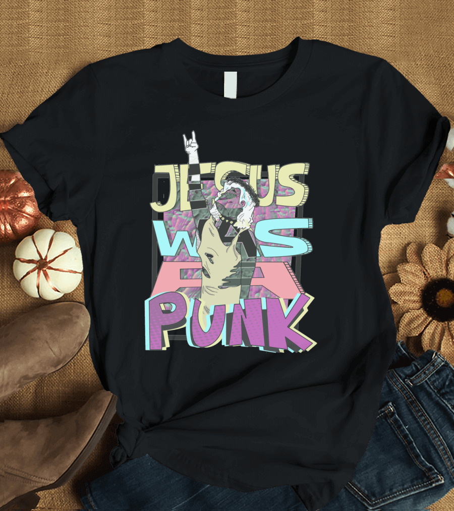 Jesus Was a Punk Graphic with Hand Sign and Retro Lettering T-Shirt