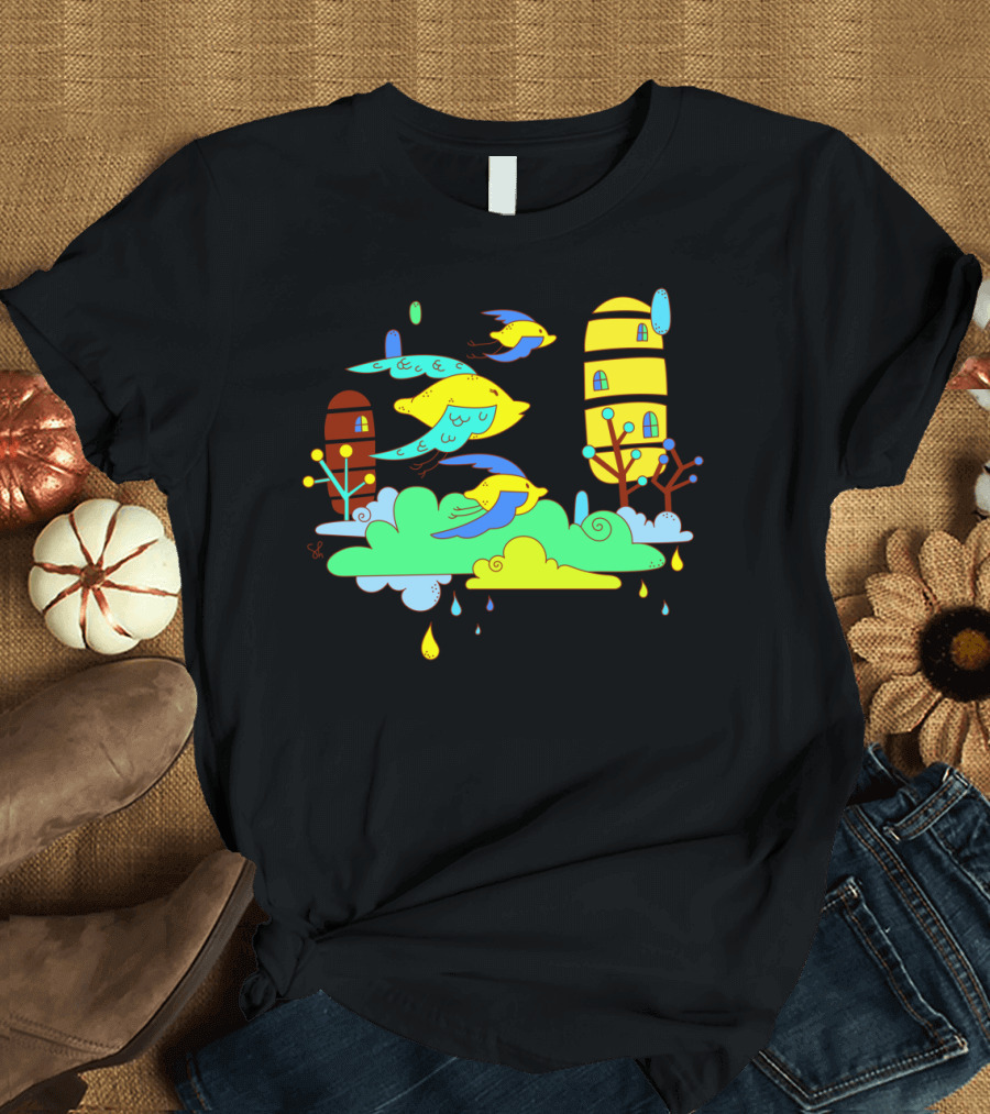 Colorful Lemon Bird Flight with Quirky Whimsical Houses T-Shirt