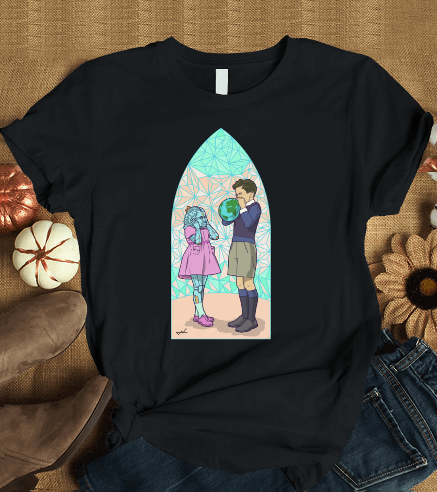 More Human Synth Robot Girl and Boy Holding Earth Orb Digital T-Shirt