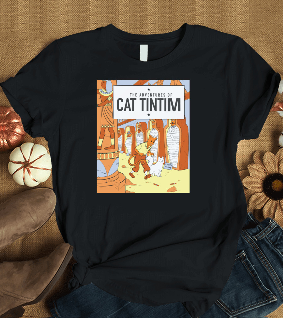 The Adventures of Cat Tintim Egyptian Mummy Scene Belgian Comics T-Shirt