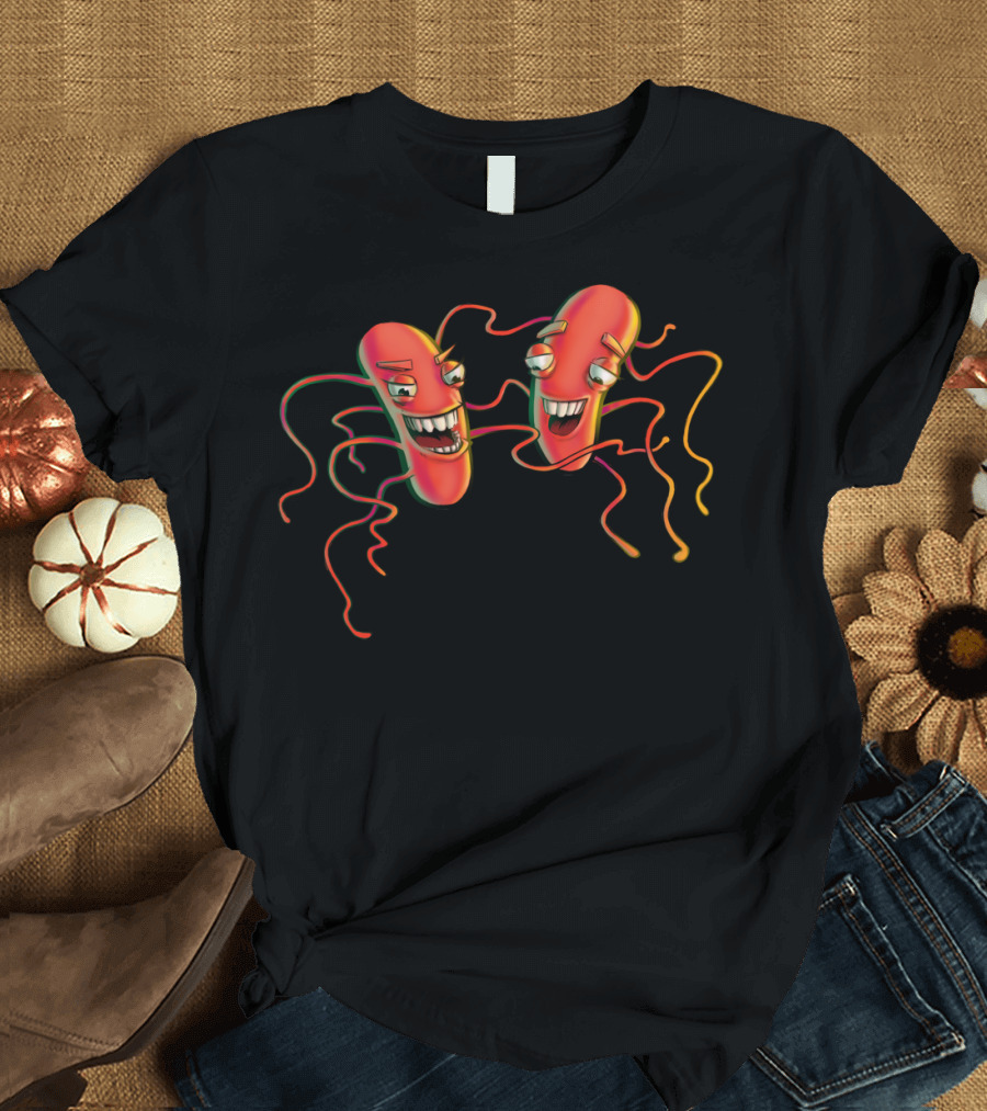 Funny Salmonella Cartoon Bacteria Characters with Smiling Faces and Wiggly Limbs T-Shirt