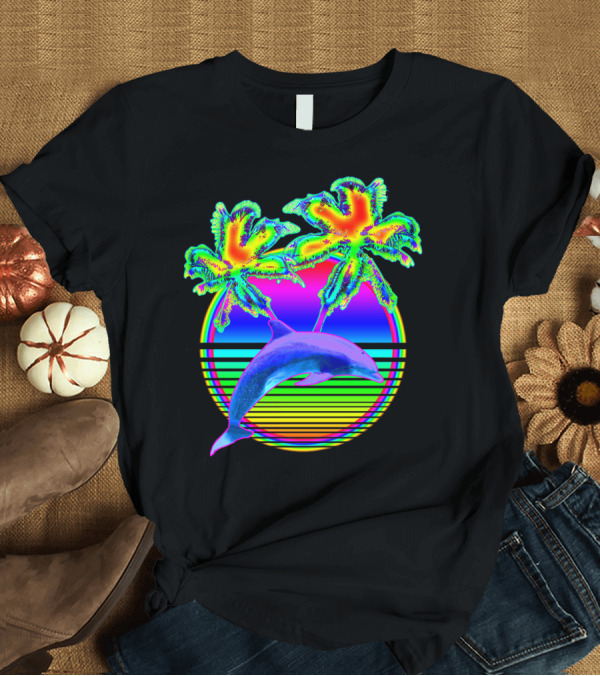 T-Shirt: Neon Dolphin Retro Palm Trees Sunset Vibes T-Shirt Neon Dolphin Retro Palm Trees Sunset Vibes T-Shirt