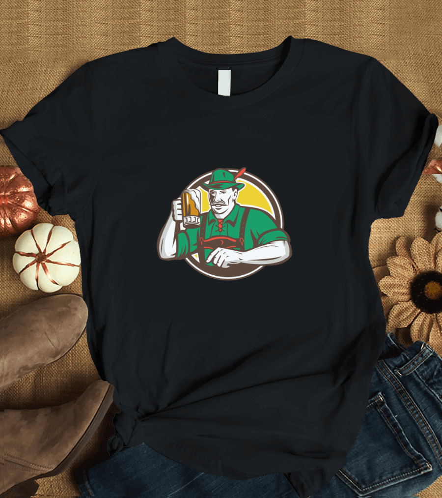 Bavarian Oktoberfest Beer Drinker in Traditional Attire with Lederhosen and Hat T-Shirt
