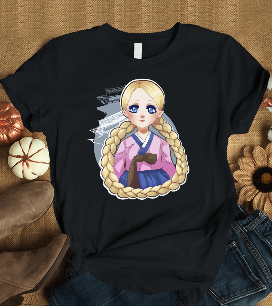 Rapunzel Character in Hanbok with Braids and Traditional Building Background T-Shirt