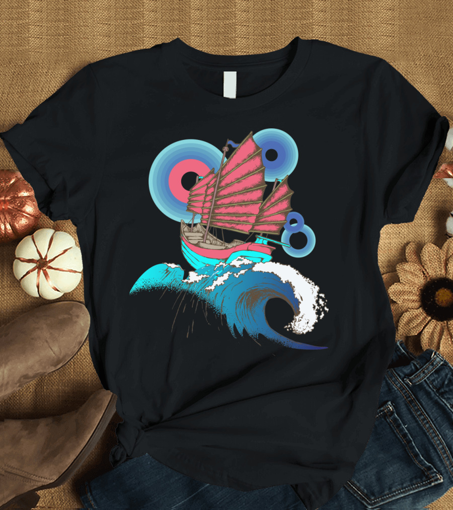 Traditional Chinese Boat with Red Sails and Ocean Waves T-Shirt