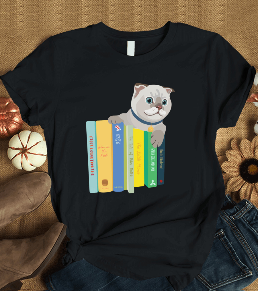 Scottish Fold Cat Sitting on Classic Children's Books Including The Cat in the Hat and Winnie the Pooh T-Shirt