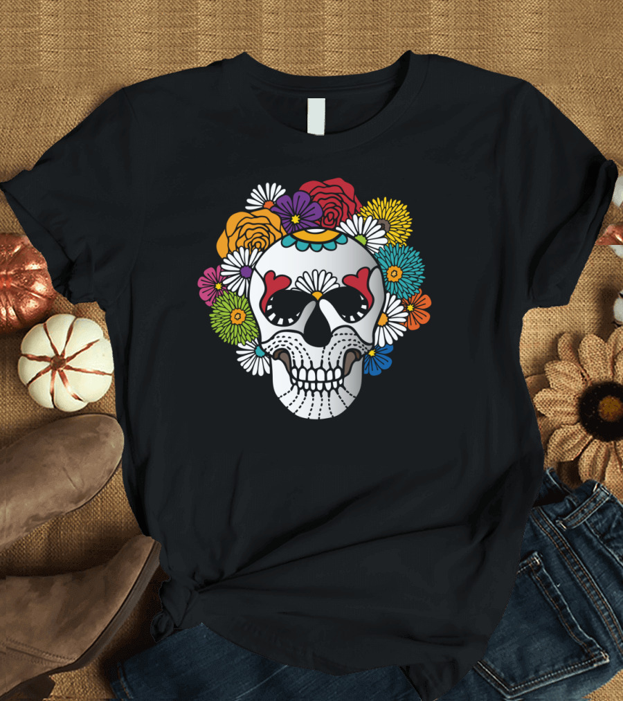 Curly Sugar Skull Floral Day of the Dead Vibrant Colorful Flowers T-Shirt