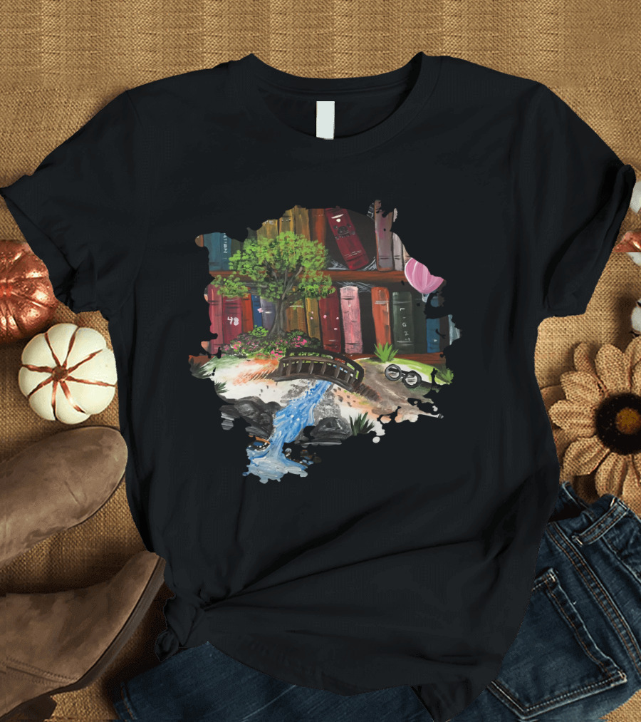 Bookshelf Paradise Adventure with Bridge, Tree, and Waterfall T-Shirt