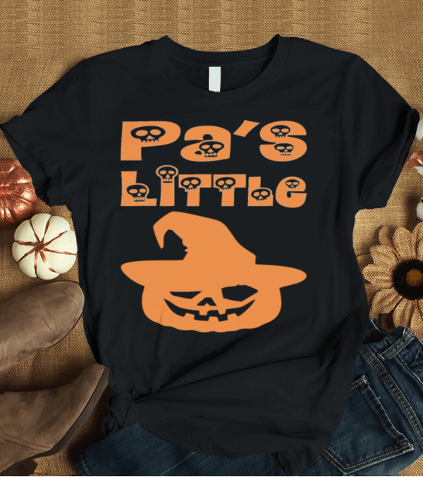 T-Shirt: Pa's Little Pumpkin with Skull Accented Text and Witch Hat Jack-o'-Lantern T-Shirt Pa's Little Pumpkin with Skull Accented Text and Witch Hat Jack-o'-Lantern T-Shirt