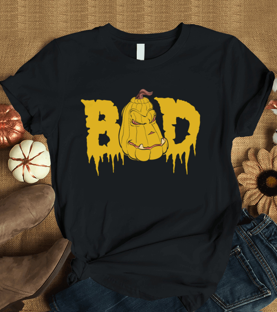 Bad Pumpkin Halloween Scary Horror Face in Dripping Text T-Shirt