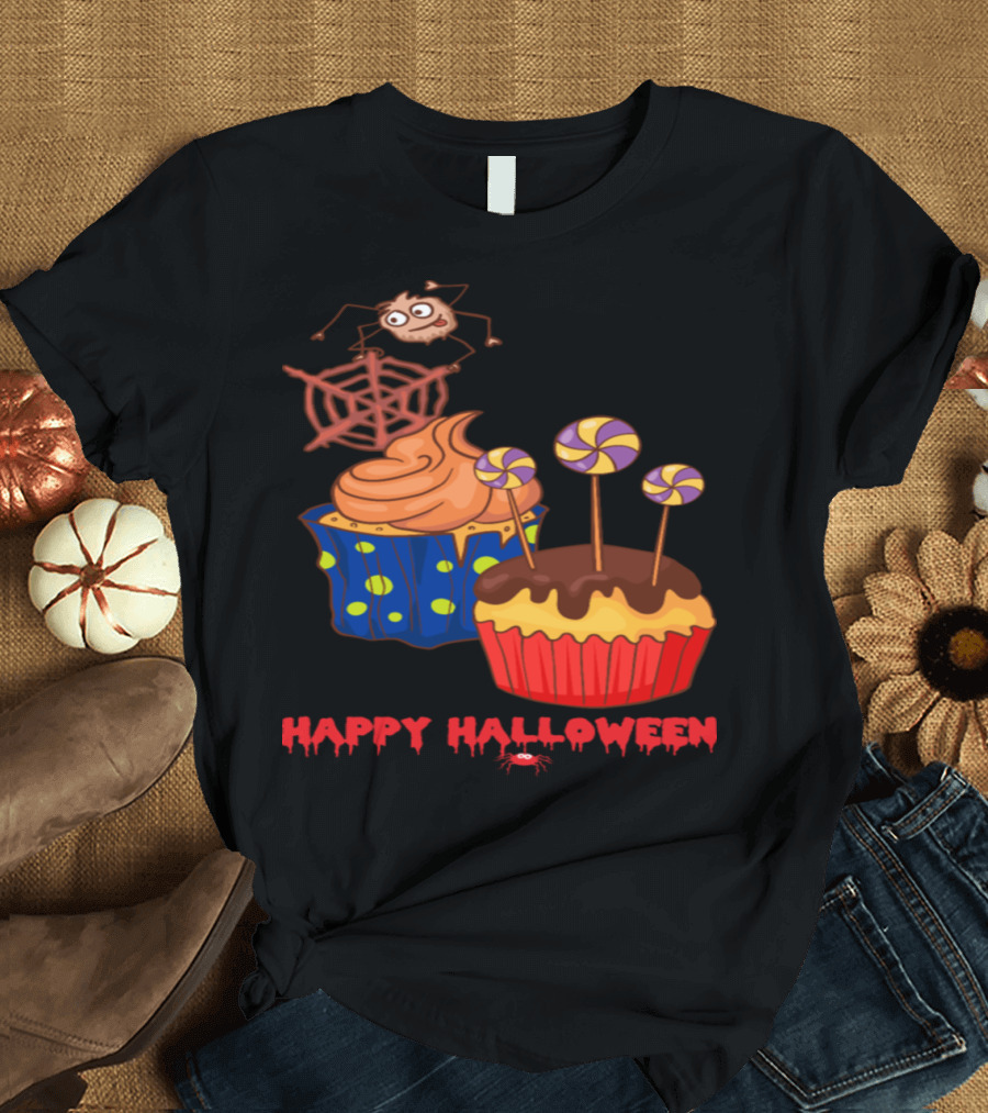 Happy Halloween Cupcakes Muffins Spiders and Lollipops T-Shirt