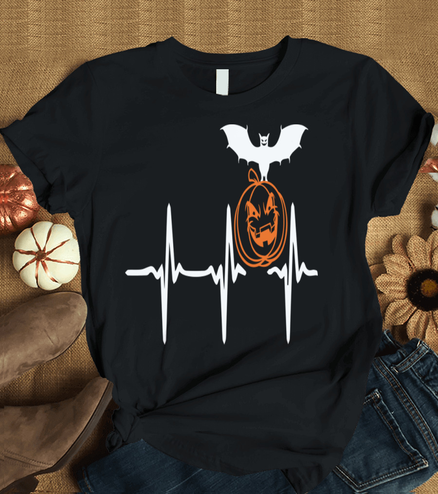 Heart Beat Halloween Pumpkin Bat T-Shirt