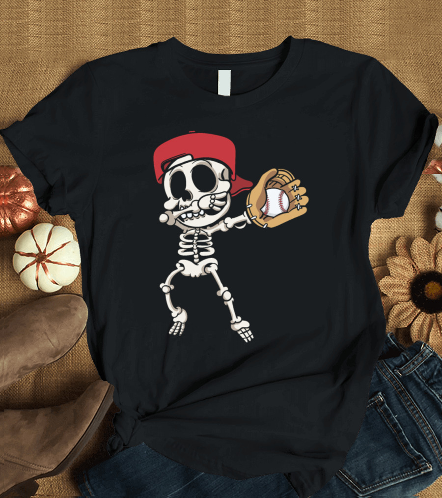 Baseball Player Skull Skeleton Dabbing Catch T-Shirt