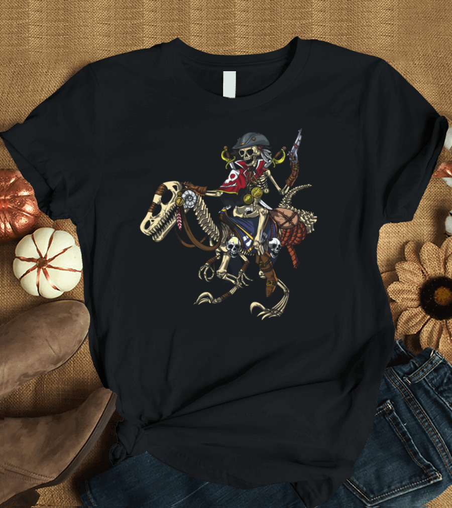 Skeleton Pirate Riding Rex Dinosaur with Hat and Saber T-Shirt