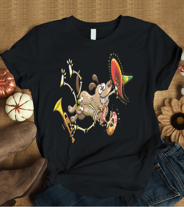 T-Shirt: Mischievous Dog with Mexican Skeleton Disguise and Sombrero Playful Chaos T-Shirt Mischievous Dog with Mexican Skeleton Disguise and Sombrero Playful Chaos T-Shirt