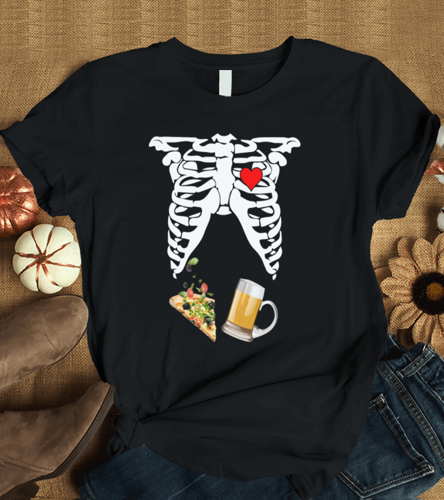 Maternity Skeleton Heart Baby Beer Pizza Slice T-Shirt