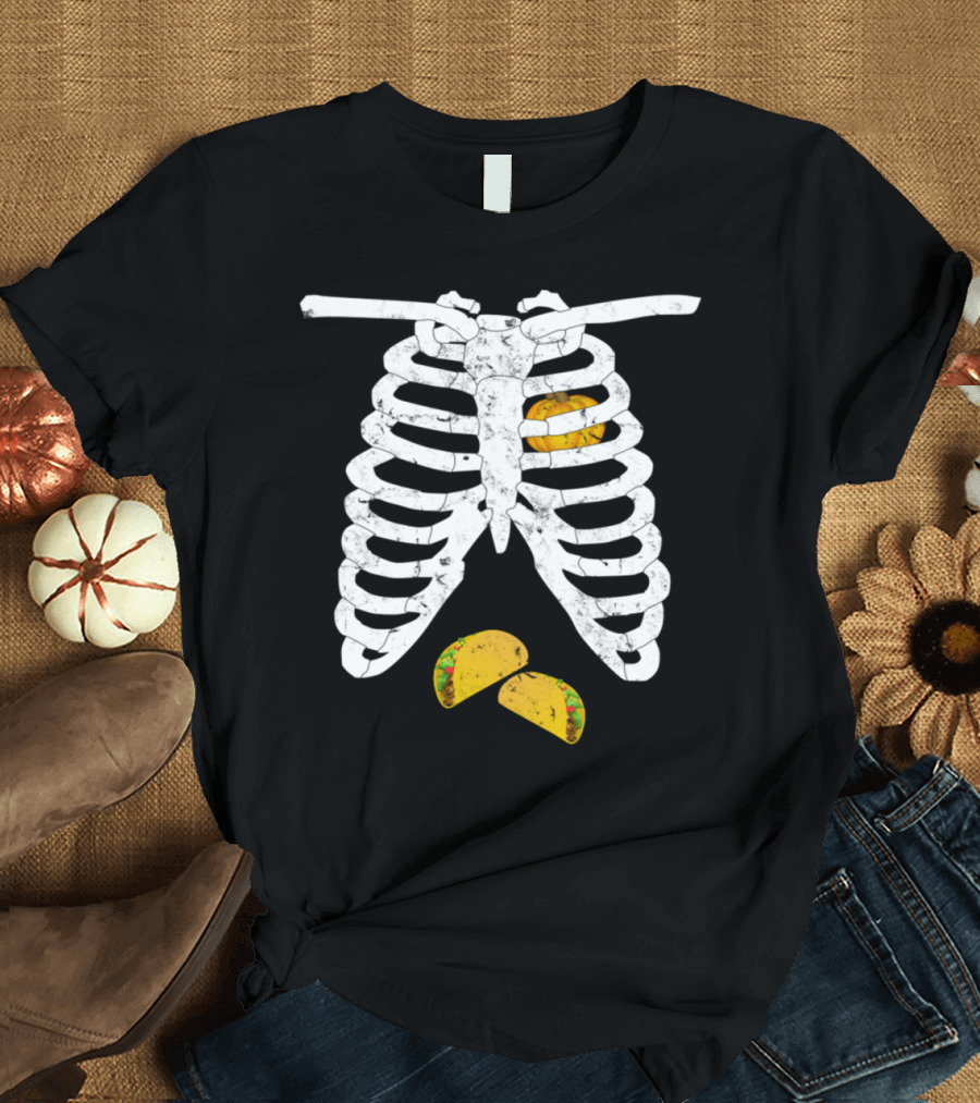 Skeleton Ribs with Pumpkin Heart and Tacos Inside T-Shirt