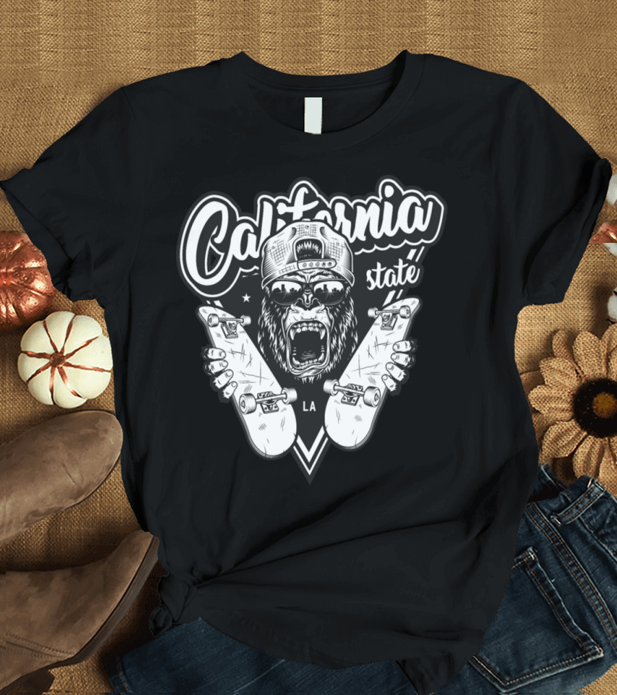 California State Gorilla Skateboarding LA Badge with Angry Expression T-Shirt