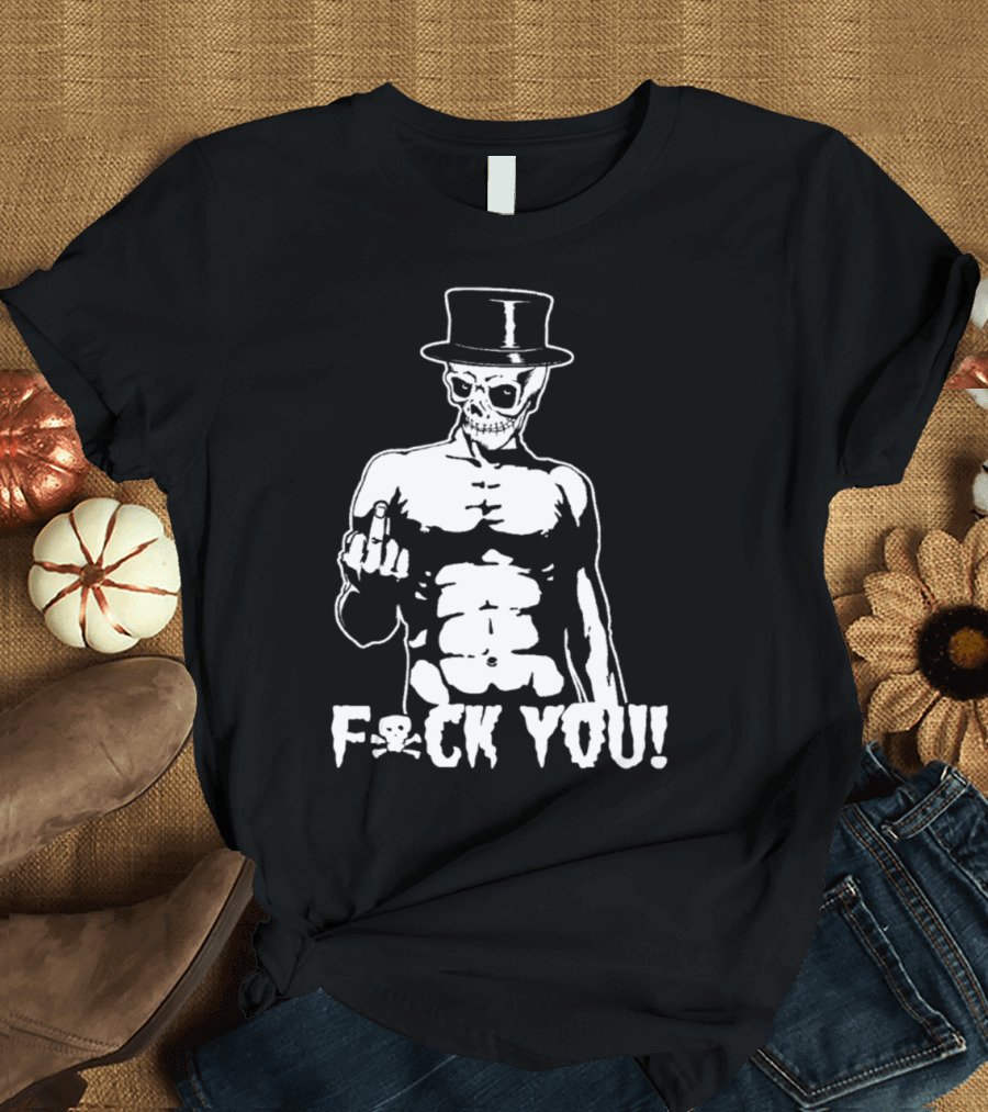 Skeleton Bowler Hat F-ck You Insult Heavy Metal Gothi T-Shirt