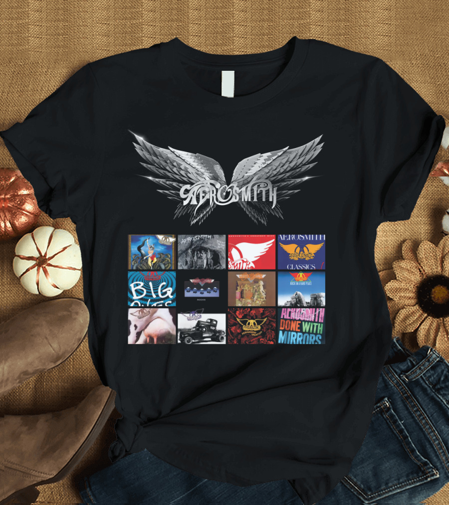 Aerosmith Wings Logo with Album Covers Collection Classics Big Ones Permanent Vacation Pump Done With Mirrors T-Shirt