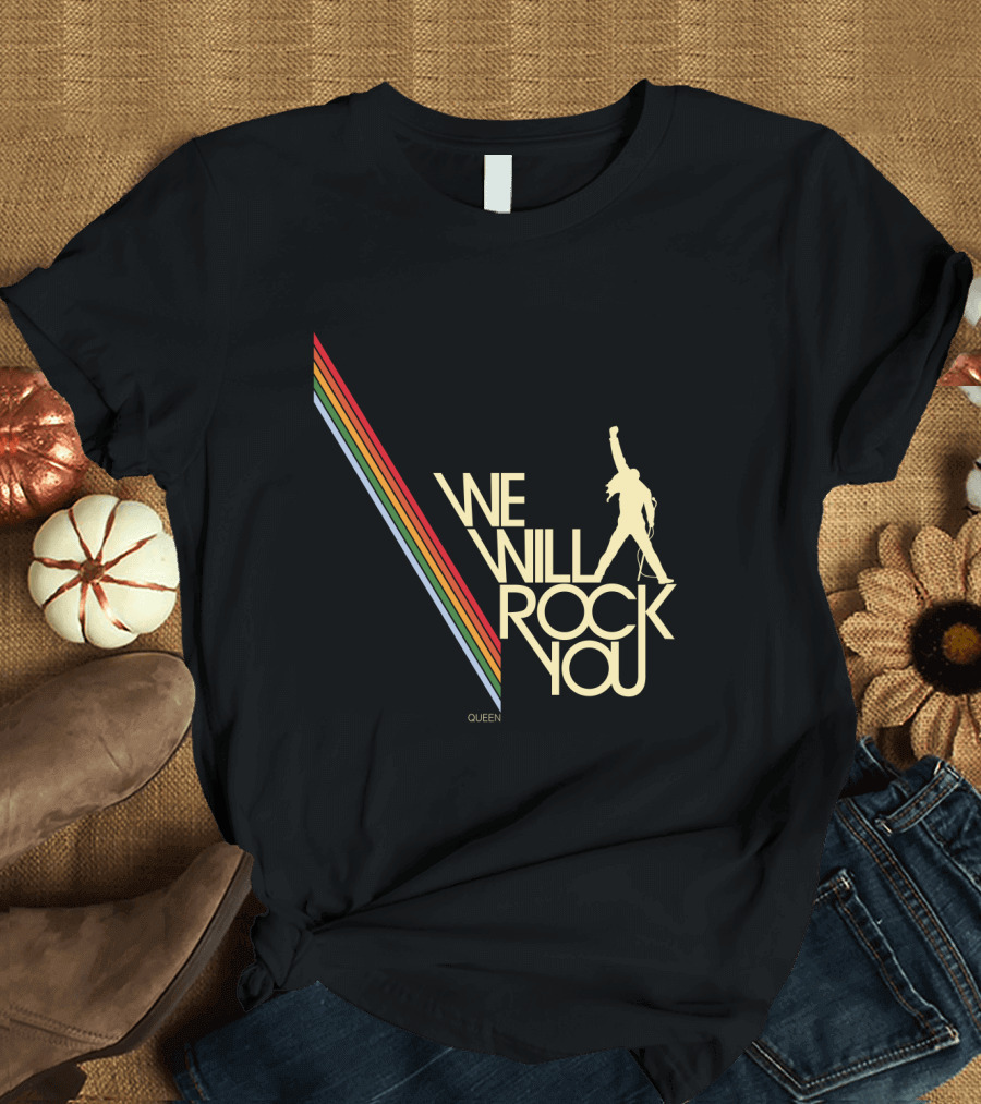 Queen We Will Rock You Silhouette Logo Rainbow Stripes T-Shirt
