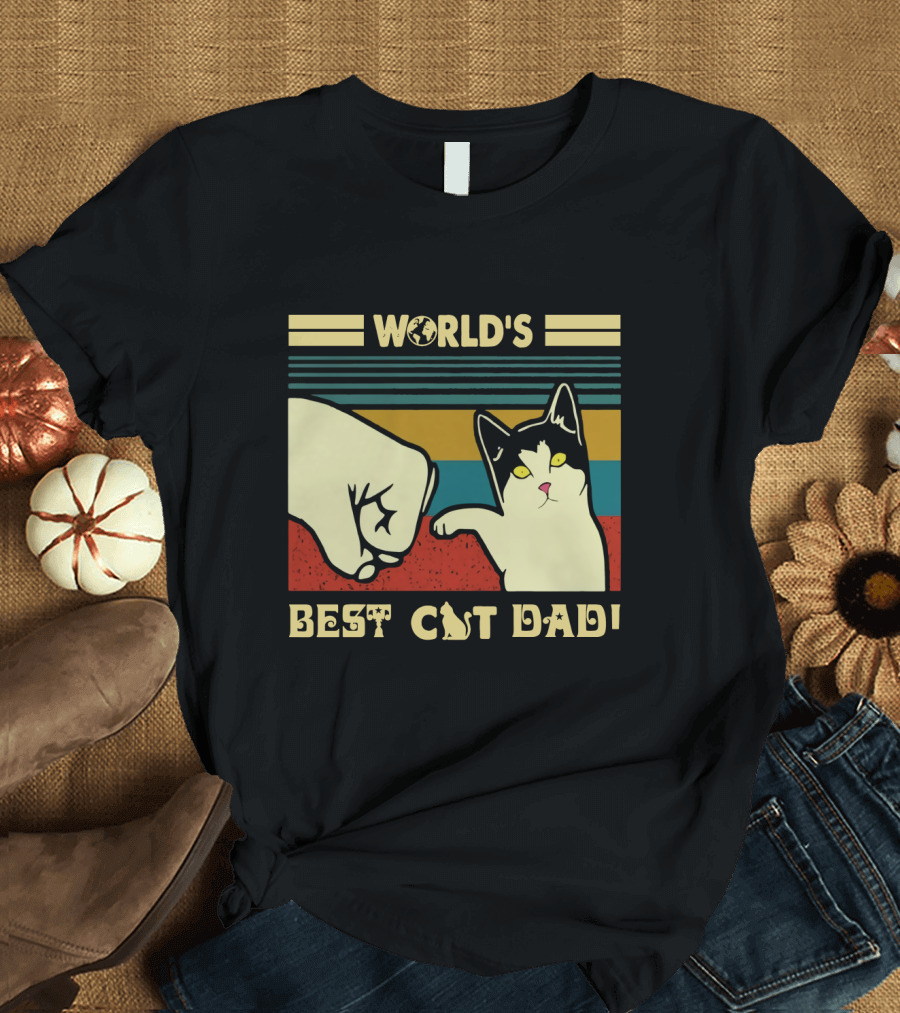 World's Best Cat Dad Fist Bump Retro Stripe T-Shirt