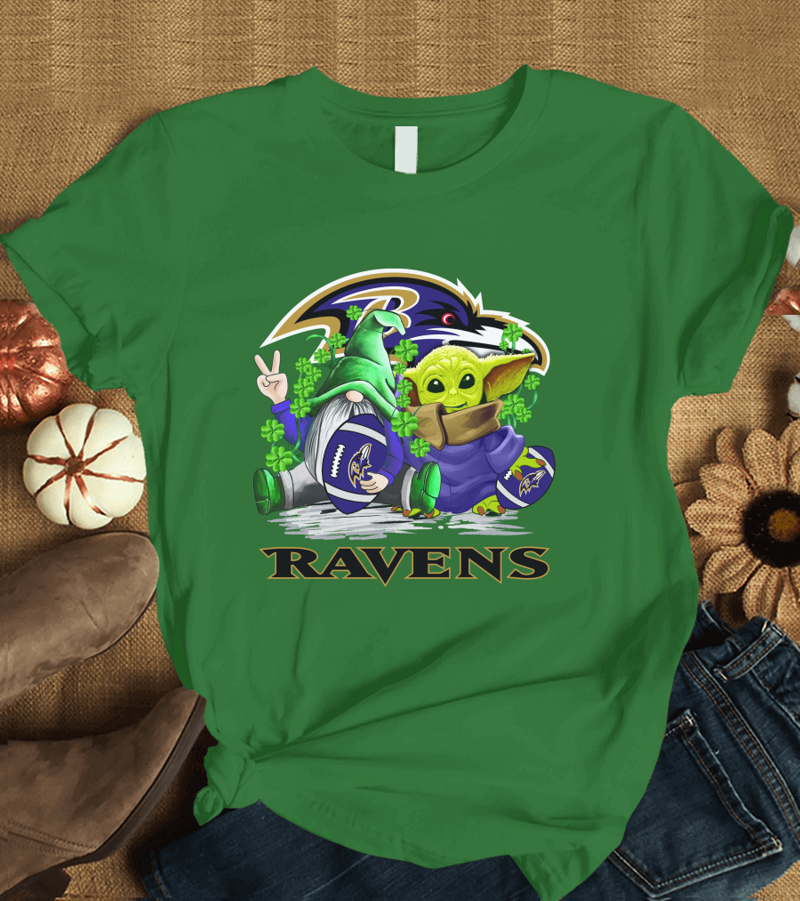 Baltimore Ravens St. Patrick's Day Football Gnome and Baby Alien with Shamrocks T-Shirt