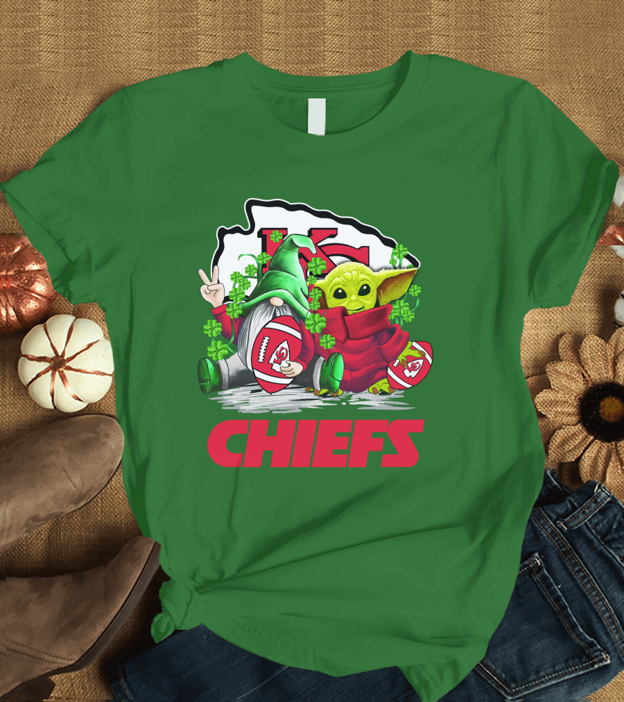 Kansas City Chiefs St. Patrick's Day Football Gnome and Baby Alien T-Shirt