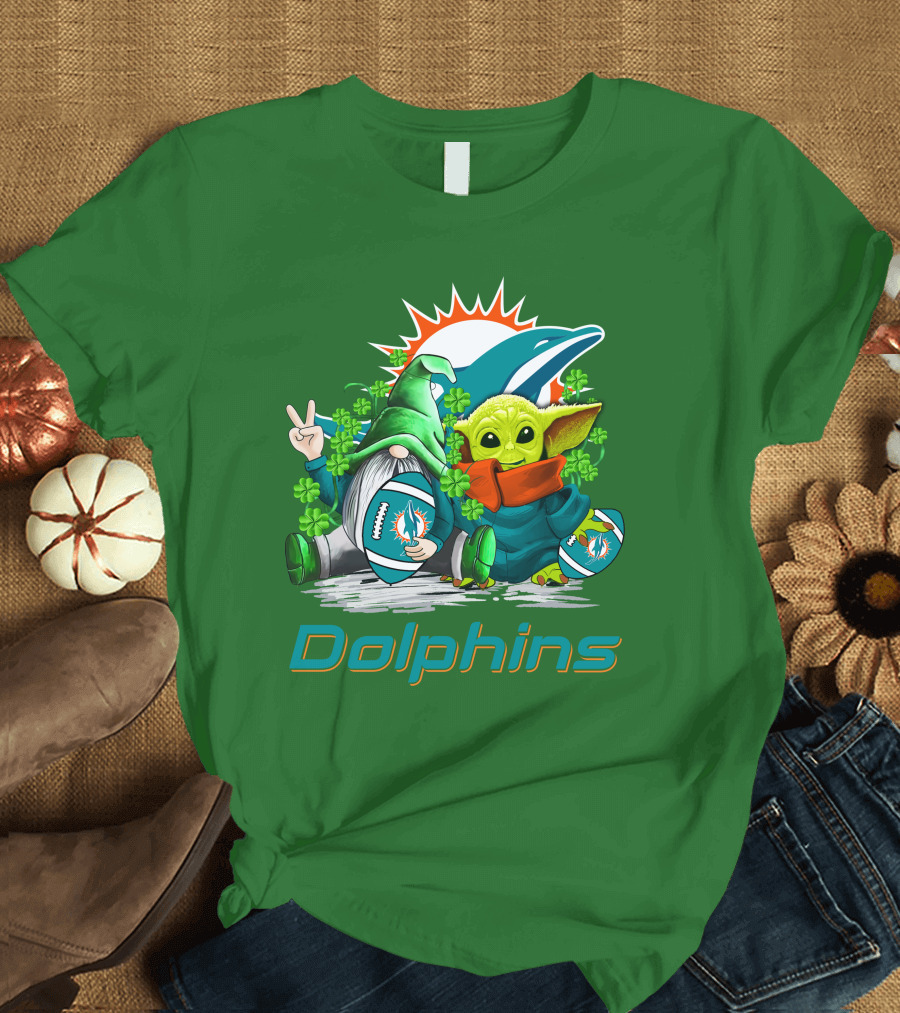 Miami Dolphins St Patrick's Day Football Gnome and Baby Alien with Shamrocks T-Shirt